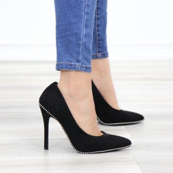 Black vegan Suede High Heel Pumps With Studs - Picture 6 of 12